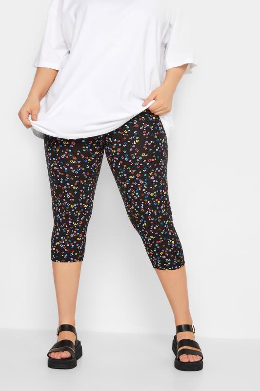 YOURS 2 PACK Plus Size Black Ditsy Floral Cropped Leggings | Yours Clothing 4