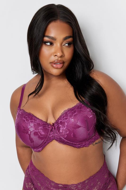 2 PACK Purple & Black Satin Lace Padded Bras | Yours Clothing 3