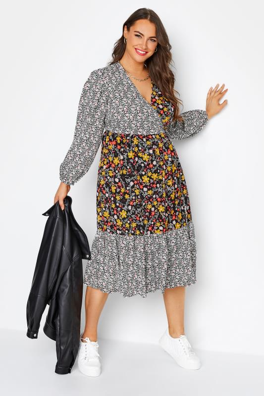 LIMITED COLLECTION Plus Size Black Contrast Dalmatian Floral Wrap Dress | Yours Clothing 1