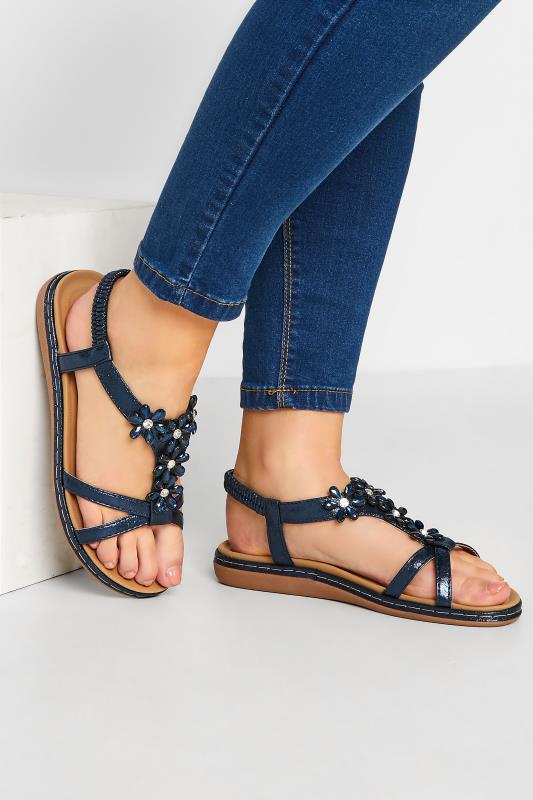 Plus Size  Navy Blue Glitter Floral Diamante Studded Sandals In Extra Wide EEE Fit