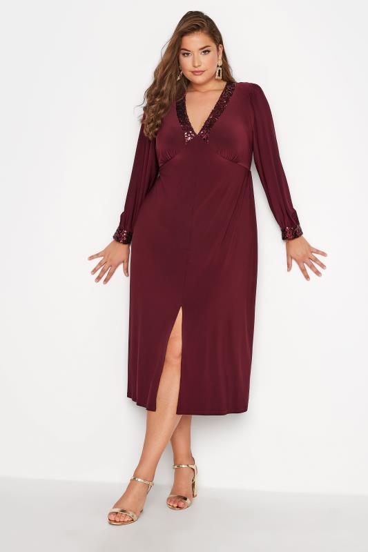 YOURS LONDON Plus Size Plum Purple Sequin Split Front Dress | Yours Clothing 1