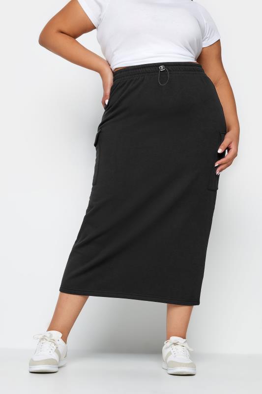 LIMITED COLLECTION Plus Size Black Cargo Pocket Midi Sweat Skirt | Yours Clothing 1