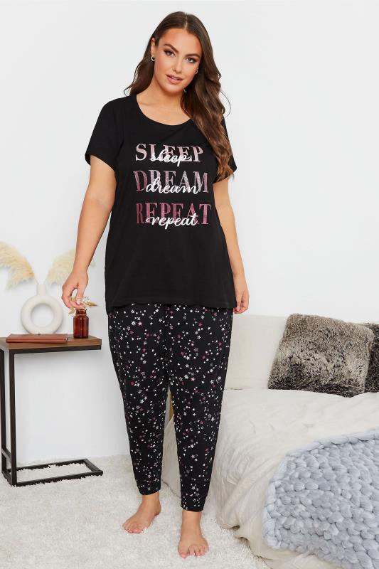 Plus Size Black Sparkle Star Cuffed Pyjama Bottoms | Yours Clothing 1