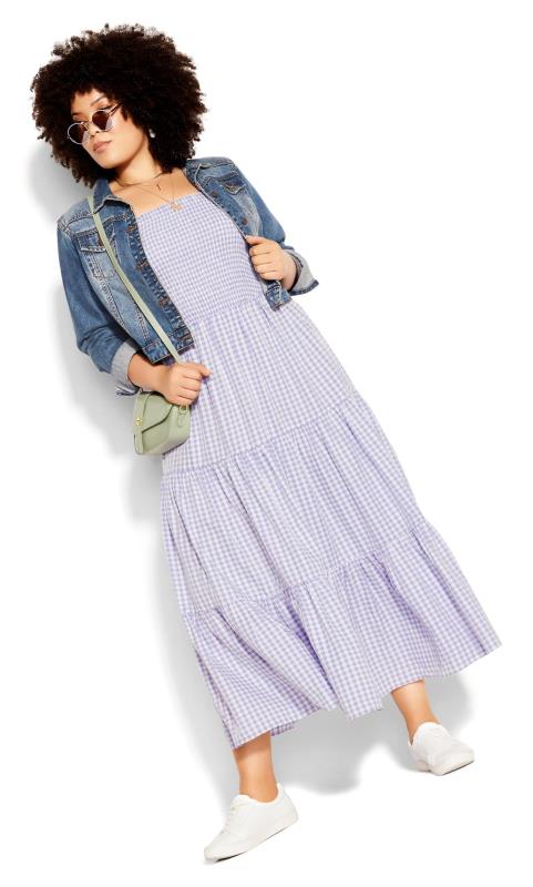  Grande Taille Evans Lilac Purple Gingham Shirred Maxi Dress