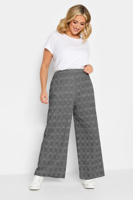 YOURS PETITE Plus Size Black Dogtooth Check Stretch Wide Leg Trousers | Yours Clothing 2