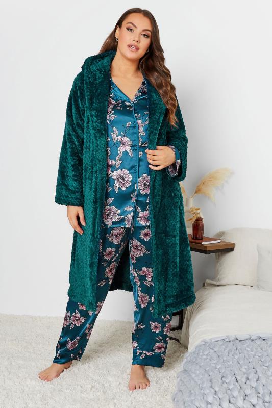 Curve Emerald Green Waffle Fleece Hooded Dressing Gown | Yours Clothing 3