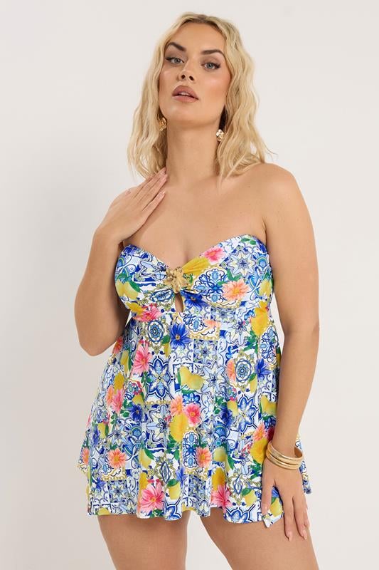 YOURS Plus Size Blue Mediterranean Tile Tankini Top | Yours Clothing 2