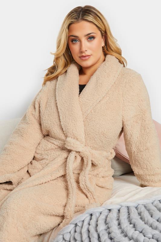 Plus Size Beige Brown Borg Fleece Dressing Gown | Yours Clothing 4