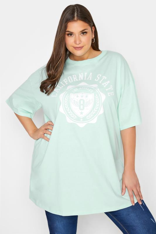 Plus Size  Curve Mint Green 'California State' Slogan Oversized T-Shirt