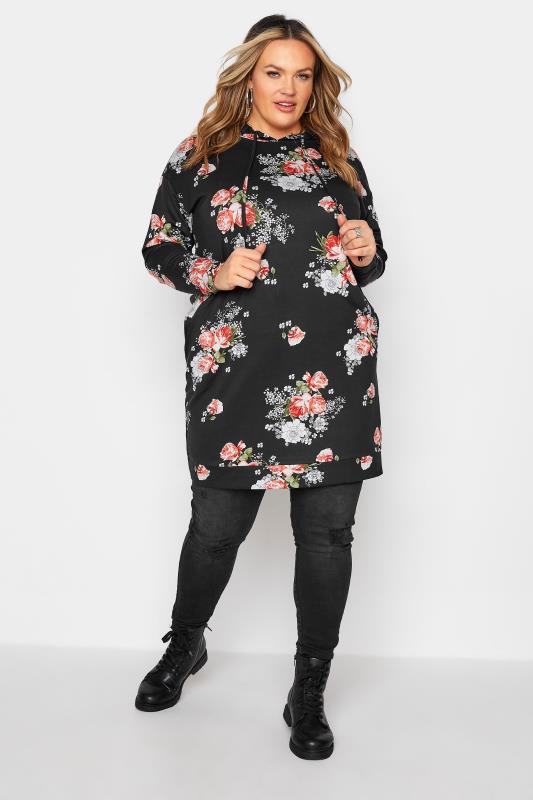Plus Size Black Floral Print Hoodie Dress | Yours Clothing 2