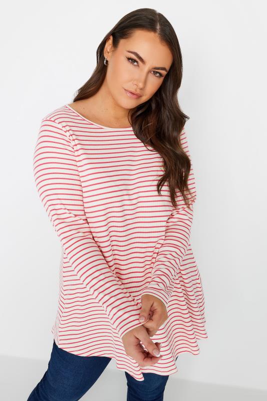 YOURS Plus Size Pink Stripe Print Ribbed Top | Yours Clothing 1