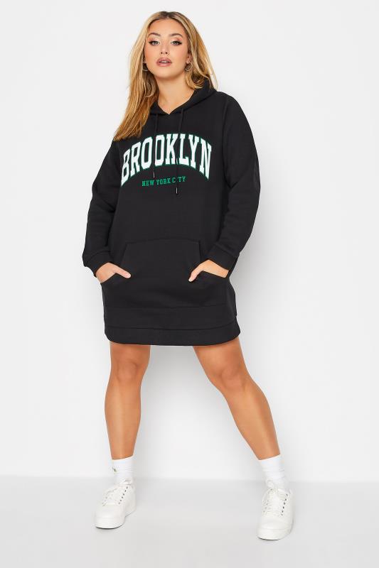 Plus Size Black 'Brooklyn' Slogan Hoodie Dress | Yours Clothing 1