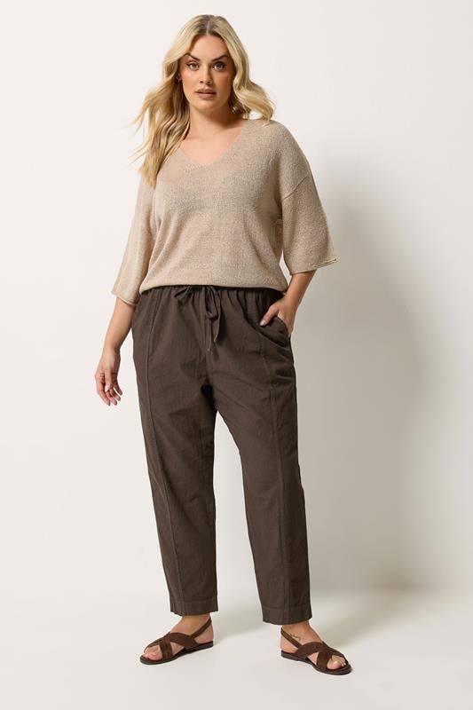 YOURS Plus Size Chocolate Brown Cool Cotton Barrel Leg Trousers | Yours Clothing 2