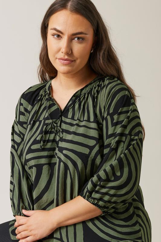 EVANS Plus Size Khaki Green Abstract Print Tie Neck Blouse | Evans 5