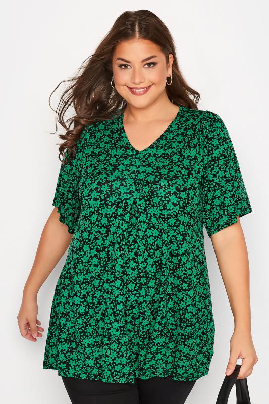 Curve Green Ditsy Print Sleeve Swing Top 1