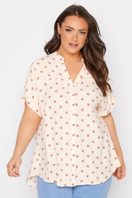 Plus Size Natural Brown Polka Dot Grown On Sleeve Shirt | Yours Clothing 1