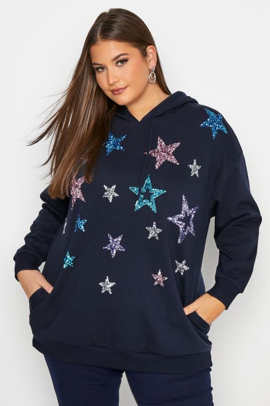 Plus Size  Curve Navy Blue Sequin Star Print Soft Touch Hoodie