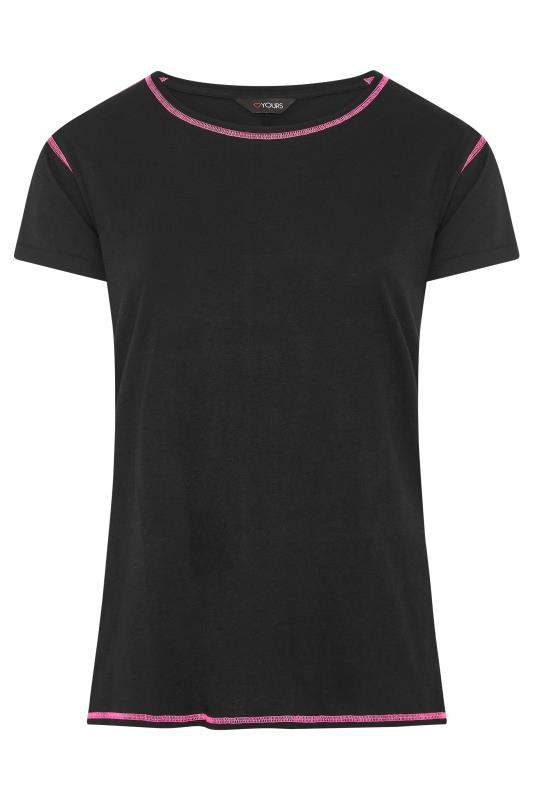 Black with Fluorescent Pink Contrast Topstitch Short Sleeve T-shirt | Yours Clothing 5