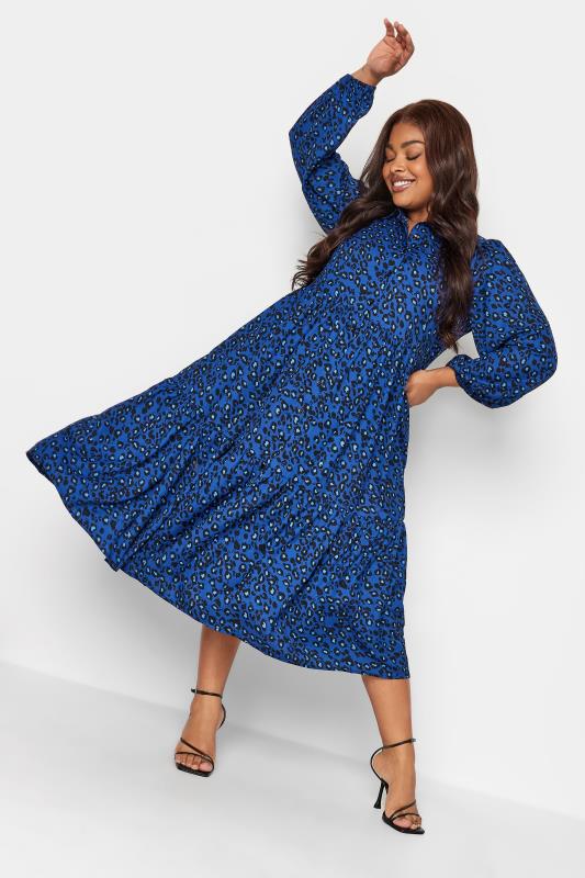Plus Size  YOURS Curve Blue Leopard Print Button Through Midi Dress