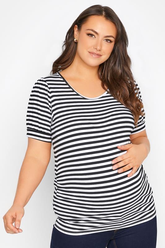 BUMP IT UP MATERNITY Plus Size Black Stripe Puff Sleeve T-Shirt | Yours Clothing  1