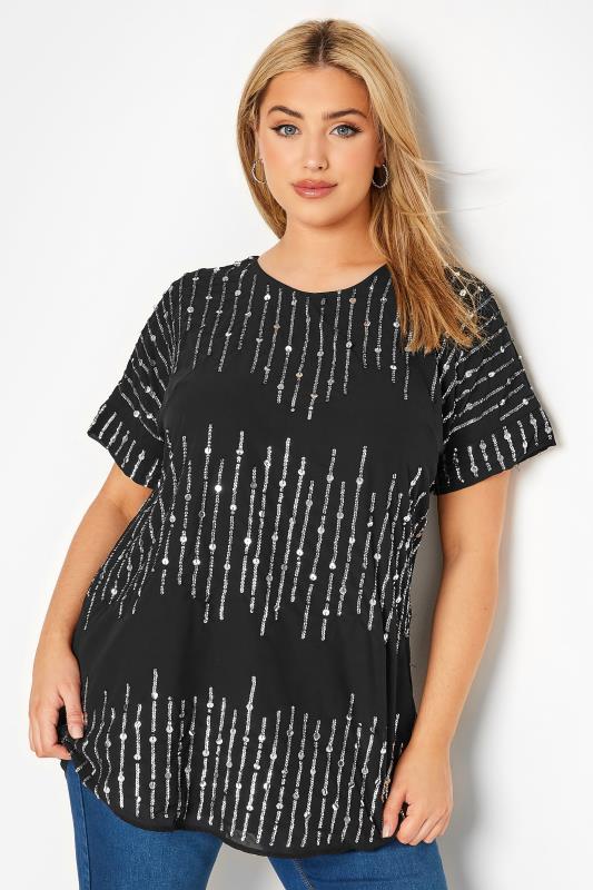 LUXE Curve Black Sequin Hand Embellished Top 4