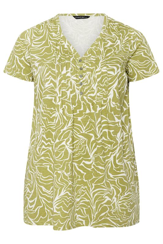 EVANS Plus Size Green Abstract Print Cotton Henley Top | Evans 6