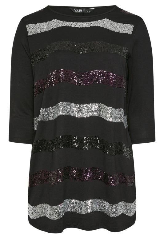 YOURS Plus Size Black Stripe Sequin Embellished Top | Yours Clothing 5