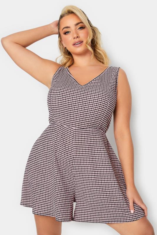 LIMITED COLLECTION Plus Size Pink Gingham Crinkle Playsuit | Yours Clothing 2