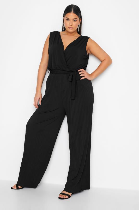  Grande Taille LTS Tall Black Pleated Wrap Stretch Jumpsuit