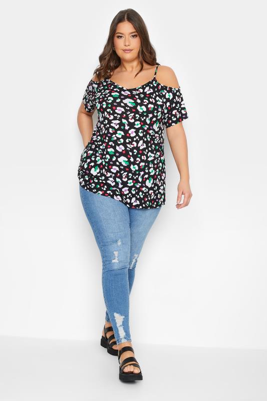 YOURS Curve Plus Size Black Animal Print Cold Shoulder T-Shirt | Yours Clothing  2