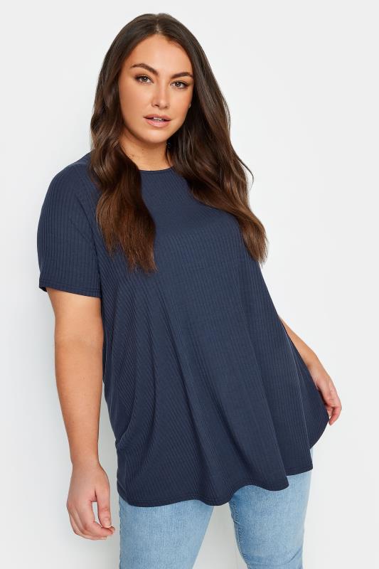YOURS Plus Size Navy Blue Ribbed T-Shirt | Yours Clothing 1