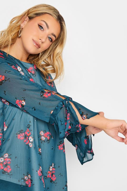 YOURS Plus Size Curve Blue & Pink Floral Bell Sleeve Blouse | Yours Clothing  4