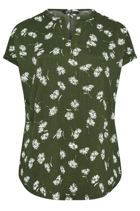 YOURS Plus Size Khaki Green Floral Print Notch Neck Blouse | Yours Clothing 5