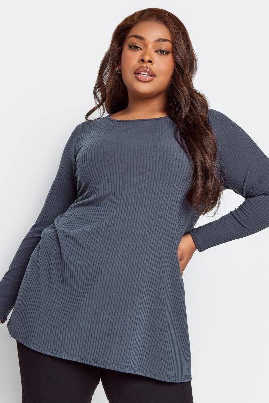  Grande Taille YOURS Curve Grey Ribbed Long Sleeve Swing Top