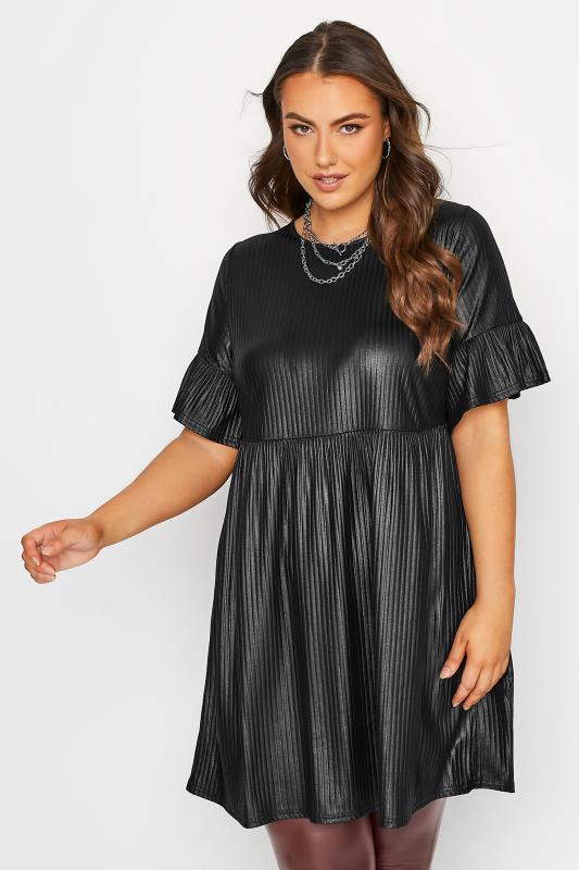  Curve Black Wet Look Ribbed Smock Tunic Dress