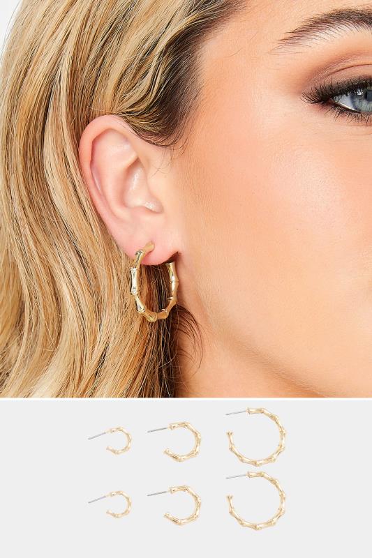 3 PACK Gold Tone Bamboo Hoop Earring Set | Yours Clothing 1
