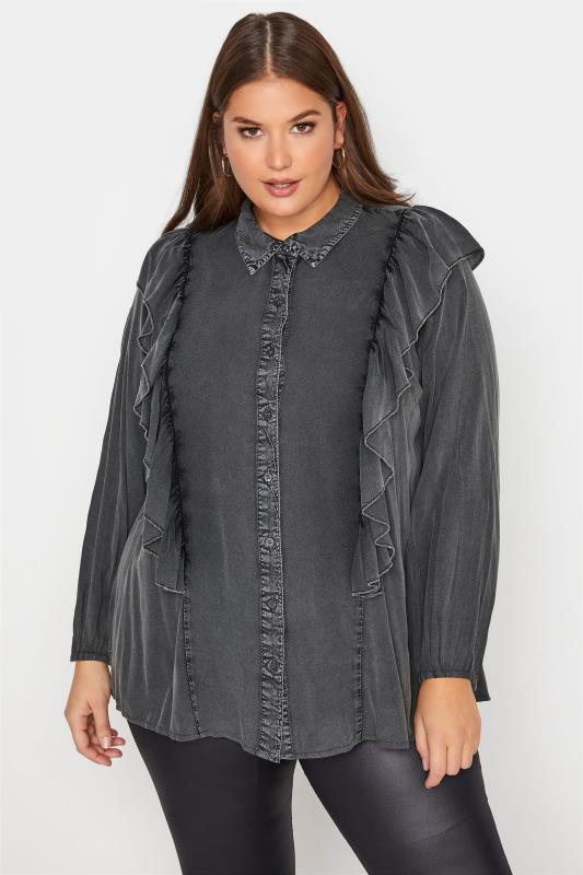 LIMITED COLLECTION Curve Charcoal Grey Frill Chambray Shirt 1