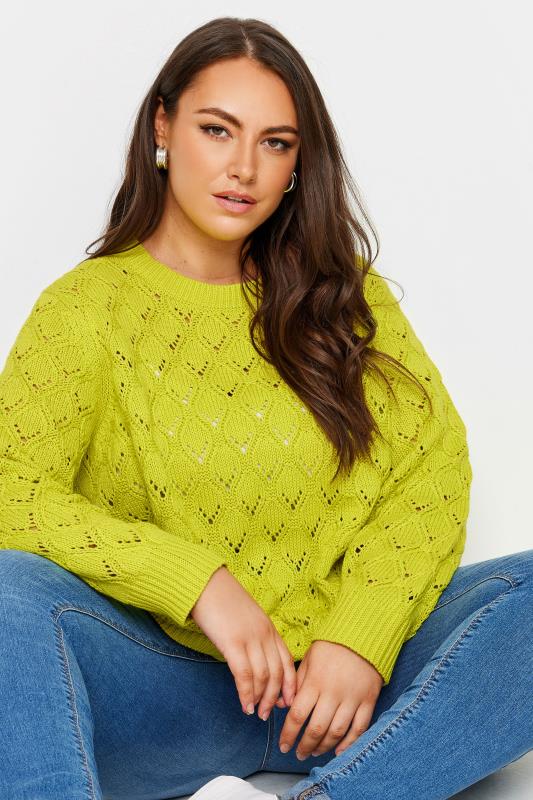  Grande Taille YOURS Curve Chartreuse Green Pointelle Jumper