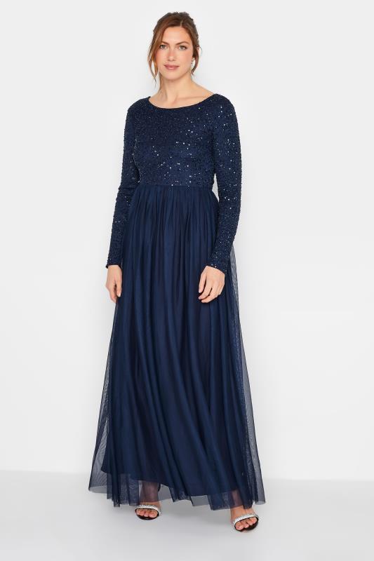 LTS Tall Women's Navy Blue Long Sleeve Sequin Hand Embellished Maxi Dress | Long Tall Sally 2