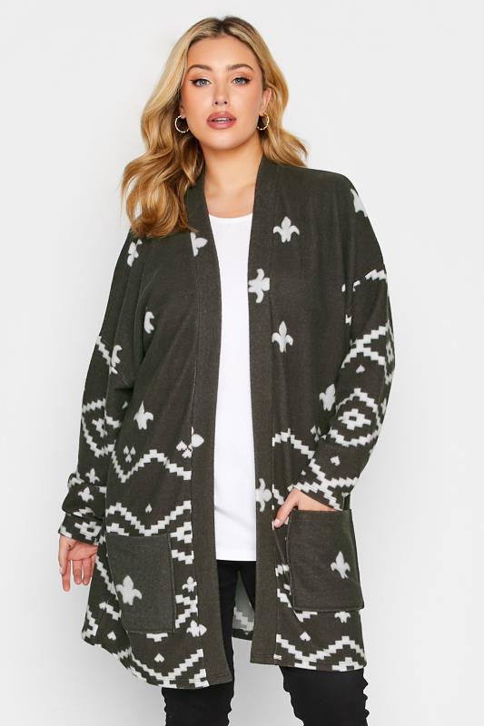 Plus Size  Curve Grey Aztec Printed Soft Touch Cardigan