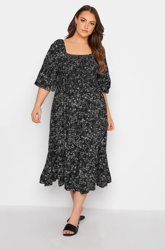 Plus Size  LIMITED COLLECTION Curve Black Ditsy Print Shirred Maxi Dress