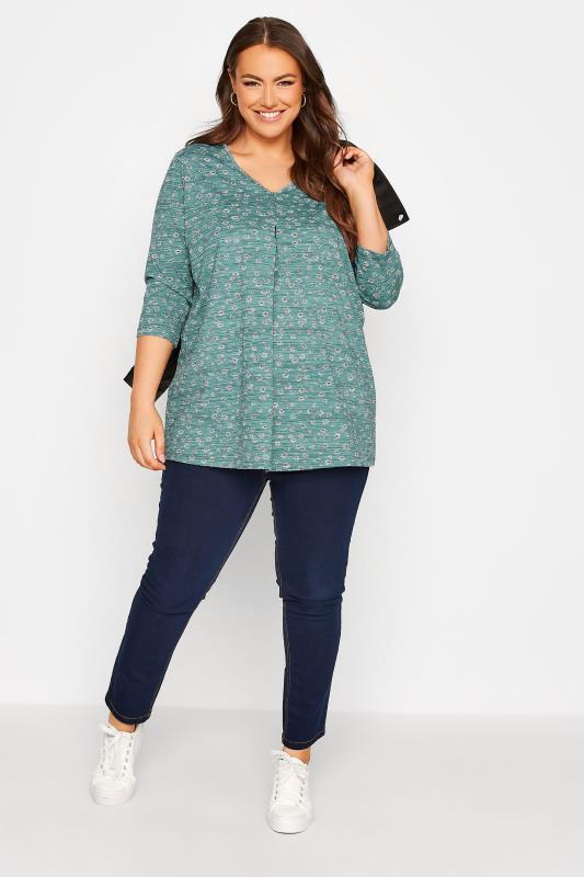 Plus Size Green Floral Stripe Pleat Front Top | Yours Clothing 2