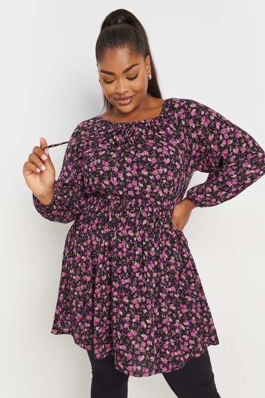 YOURS Plus Size Black Floral Crinkle Tie Neck Blouse | Yours Clothing  1