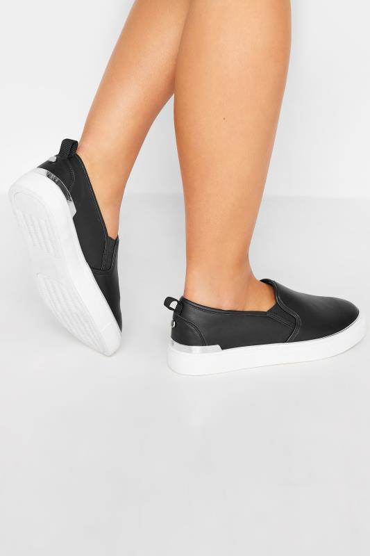 Black & Silver Hardware Slip-On Trainers In Extra Wide EEE Fit | Yours Clothing 2