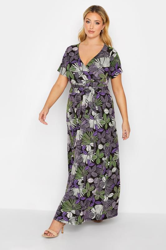 Plus Size  YOURS Curve Purple & Green Leaf Print Maxi Dress