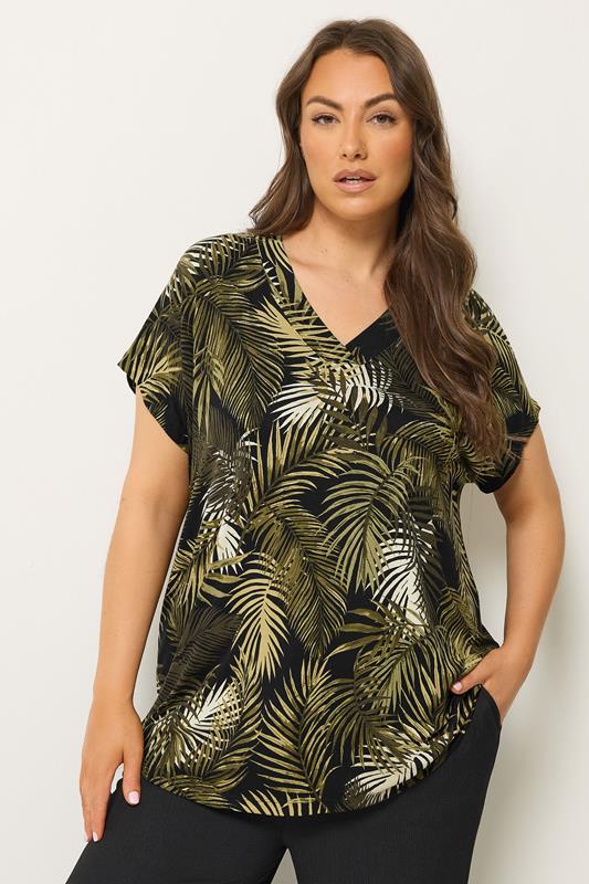 YOURS Curve Green Tropical Grown On Sleeve T-Shirt