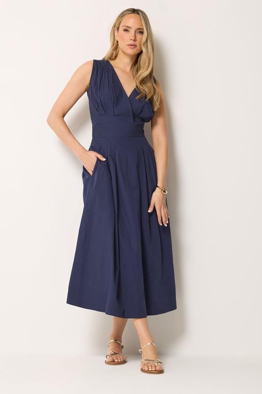 LTS Tall Women's Navy Blue Cotton Pleated Midi Dress | Long Tall Sally 2