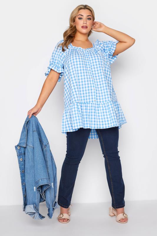 LIMITED COLLECTION Curve Blue Gingham Puff Sleeve Tunic Top_B.jpg