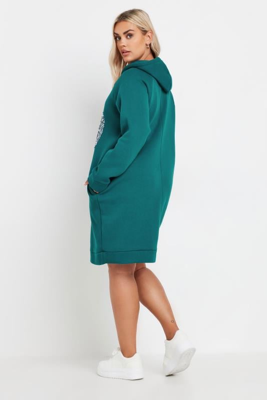 YOURS Plus Size Teal Blue Sequin Embellished Heart Hoodie Dress | Yours Clothing  3