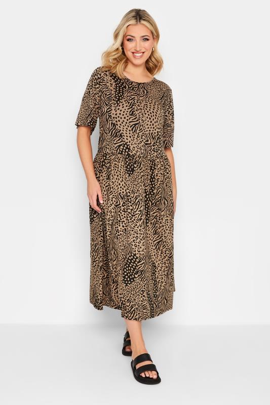 YOURS Plus Size Brown Mixed Animal Print Midi Smock Dress | Yours Clothing 1